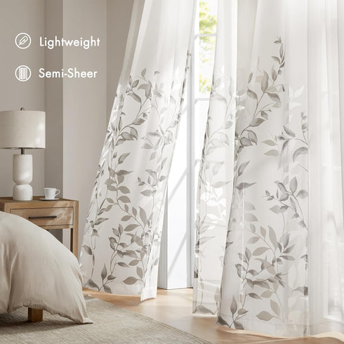 Madison Park Cecily Semi Sheer SINGLE Panel Window Curtain Burnout Botanical Print, Easy To Hang, Fits up to 1.25" Diameter Rod, 50x84", Leaves Gr...