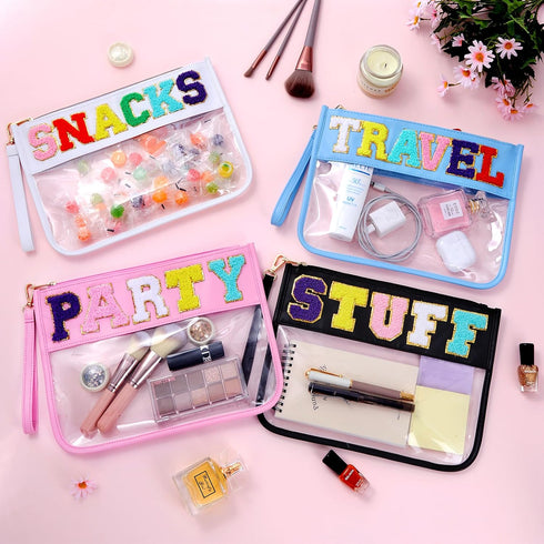 Chenille Letter Clear Travel Zipper Pouch, Preppy Makeup Bag with Removable Shoulder Strap Clear Cosmetic Toiletry Bag, Water-proof Makeup Travel ...