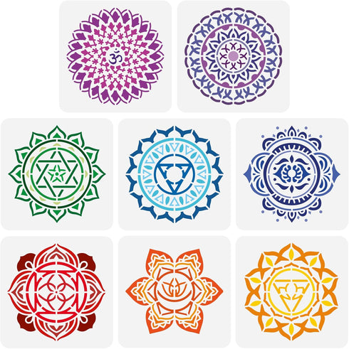 FINGERINSPIRE 8PCS Chakra Symbol Stencil 5.9x5.9 inch Plastic PET Mandala Flower Stencil Reusable Yoga Meditation Floral Craft Stencil Template fo...