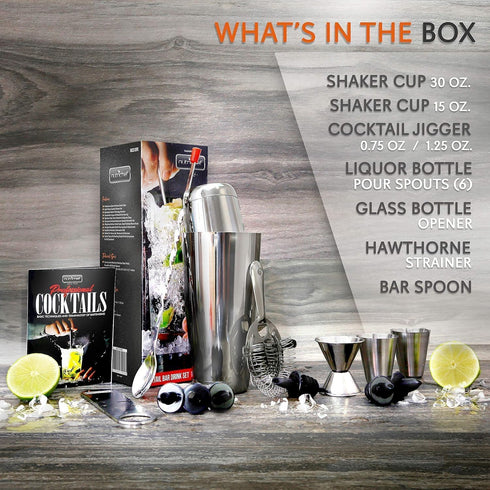 NutriChef Mixology Bartender Cocktail Shaker Set - Includes 15 & 30 oz Stainless Steel Shakers, 6 Bottle Pourers & More - Essential Martini Making...