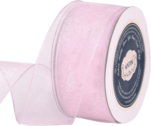 VATIN Light Pink Organza Wired Ribbon, 1-1/2" Pink Sheer Ribbon with Metallic Edge for Christmas Tree Decoration Gift Wrapping Wedding Crafts -25 ...