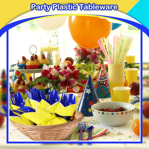 Domensi 24 Set Yellow Cartoon Theme Party Plastic Cutlery Set Include Blue Disposable Plastic Spoons Forks Knives Yellow Paper Napkins Satin Ribbo...