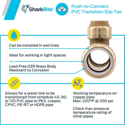 SharkBite 1/2 Inch PVC x 1/2 Inch PVC x 1/2 Inch CTS Slip Tee, Push To Connect Brass Plumbing Fitting, UIP364A...