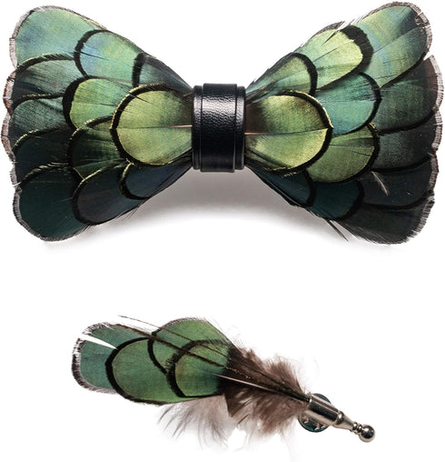 RBOCOTT Handmade Feather Pre-tied Bow tie and Brooch Sets for Men...