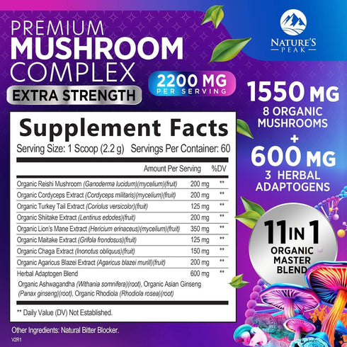 Mushroom Supplement Powder - 11 in 1 Complex Nootropic & Adaptogens Blend, Organic Mushroom Powder, Lions Mane, Cordyceps, Reishi, Chaga, Turkey T...