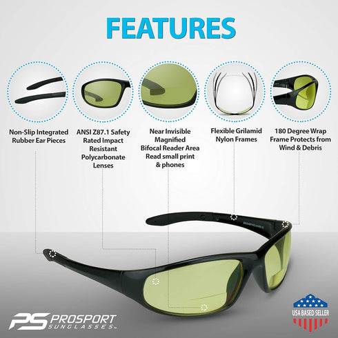 proSPORT Yellow Bifocal Safety Glasses z87 for Men and Women for Night Driving and Riding...