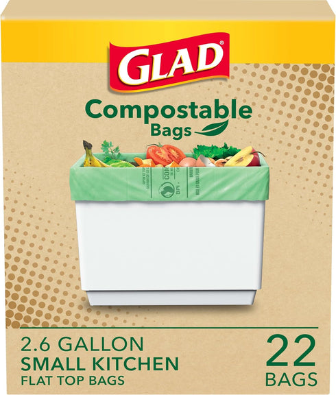 Glad Kitchen Compost Bags, 100% Compostable Bag, 2.6 Gallon, Unscented - 22 Count...