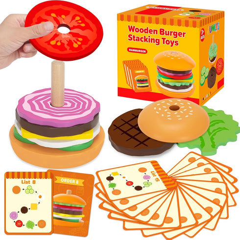Montessori Toys for 2, 3, 4, 5, Year Old, Wooden Burger Stacking Toys, Fine Motor Toys for Kids Boys Girls, Ideal Preschool Educational and Learni...