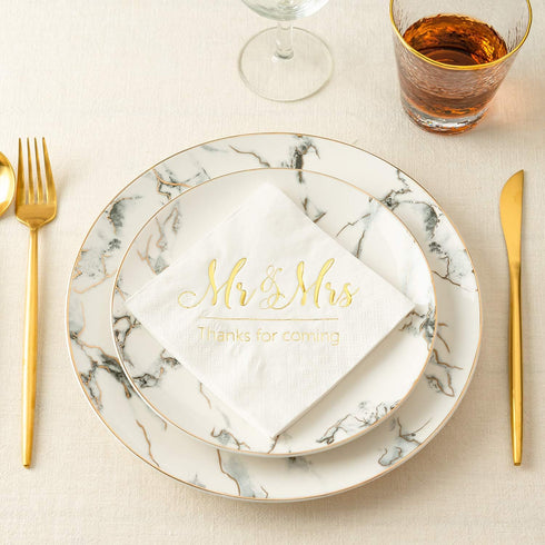 Crisky Napkins Mr and Mrs Gold Cocktail Beverage Dessert for Wedding Shower Engagement Party Decorations, Cake Table Decor Supplies. 100 Pcs, 3-Pl...