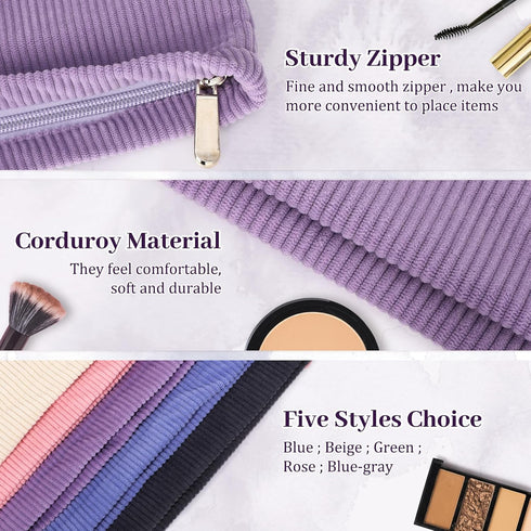 3 Pack Corduroy Makeup Bags, Travel Cosmetic Bags Cute Makeup Bags Corduroy Cosmetic Pouch with Zipper Preppy Skincare Bags Washable Portable Toil...