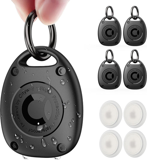(4 Pack) AirTag Keychain Holder Case | IPX8 Waterproof, Ultra-Compact | Portable Air Tag Holder Cover for Dog Collar, Backpack, Keys, Luggage - Bl...