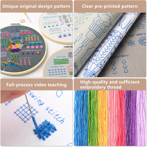 Dortusen 3 Sets Beginner Embroidery Kit for Adults Learn Different Stitches DIY Kits Includes Embroidery Tools Easy to Follow Instruction......