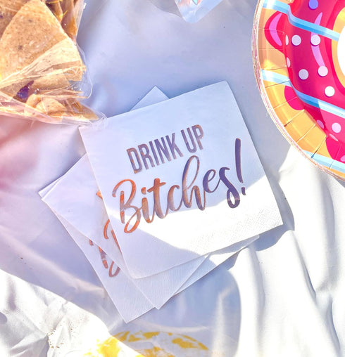 Cocktail Paper Napkins- Fancy Printed Napkins with ''Drink Up B!tches'' Emboss in Rose Gold Foil Letters- Ideal for Bachelorette Party Decorations...