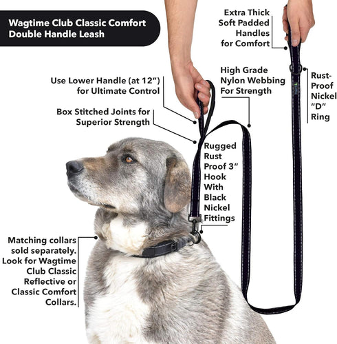 Wagtime Club Soft &Thick Dual Handle 6FT Dog Leash, Premium Nylon Double Padded Handles for Medium, Large or XLarge Dog (Reflective Black)...