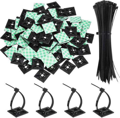 100 Pack Black Zip Tie Adhesive Mounts Self Adhesive Cable Base Holders with Black Multi-Purpose Cable Tie (Length 200 mm, Width 2.8 cm)...