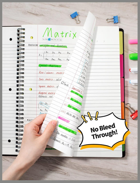 SUNEE 5 Subject Notebook College Ruled - 300 Pages, 8.2"x10.8", 5 Pocket Colored Dividers, 3-Hole Punched Paper, Black...