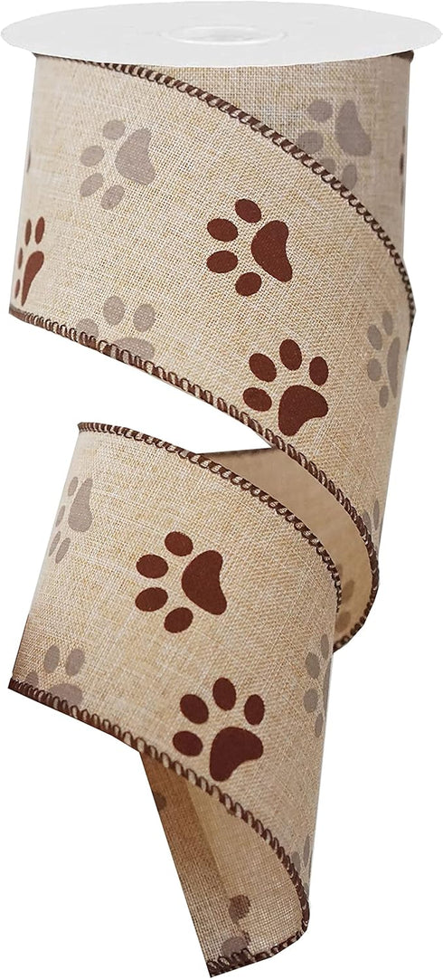 2.5” Wide Paw Print Wired Ribbon, Dog Ribbon Wired, 10 Yards (30 feet) Burlap Wire Edge Ribbon (Brown)...