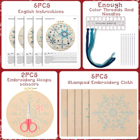 Yuxung 5 Set Christmas Embroidery Starter Kit with Snowflake Pattern, Winter Embroidery Kits for Beginners, Full Range of Winter Cross Kits, Embro...
