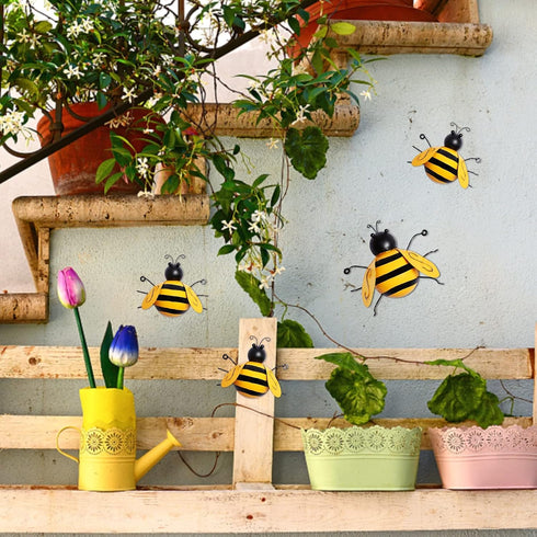 MorTime 4 Pack Metal Bee Wall Art Sculptures Garden Decorations, Hanging Bee Wall Decor Indoor Outdoor Garden Yard Lawn Decor...