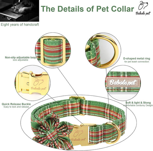Christmas Dog Collars for Large Dog with Flower Tie,Green Dog Collar with Safety Metal Buckle Adjustable Puppy Collars for Small Medium Dog,Boy&Gi...