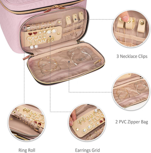 Travel Cosmetic Organizer Bag - Large Makeup Case with Jewelry Storage, Waterproof Toiletry Box for Cosmetics, Brushes, and Tools, Pink...
