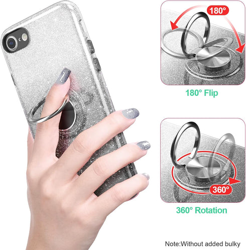 for iPhone SE 2020 Case Glitte,Slim Sparkly Case with 360°Ring Holder Kickstand Magnetic Car Mount Shock-Absorbent Sturdy Cover,for iPhone 8/7/SE ...