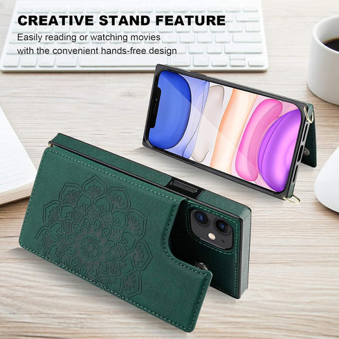 KIHUWEY 11 Crossbody Wallet Case with Card Slots, Embossed Mandala Pattern Flower Wrist Strap Protective Kickstand Shoulder Cross Cover Case 6.1 I...