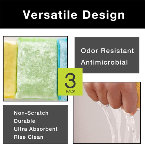 Smart Design Delicate Use Smart Cloth Scrub Sponge with Odorless Rayon Fiber - Set of 3 - Ultra Absorbent - Dual Soft Sides - Cleaning, Dishes, St...
