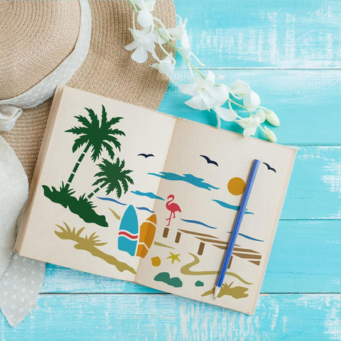 FINGERINSPIRE Beach Scenery Stencil 8.3x11.7 inch Ocean Beach Stencil Template Plastic Coconut Trees Seagulls Flamingo Shells Pattern Painting Ste...