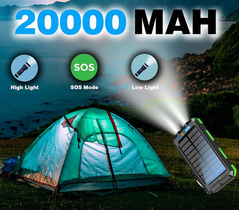 Solar Charger Power Bank 20000mAh, Portable Solar Pone Charger with Compass,Carabiner, Whistle,Flashlights,Solar Panel Charger,Camping Gear Access...