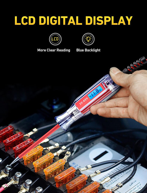 Heavy Duty 3-65V Backlit Digital LCD Circuit Tester, Test Light with 140 Inch Extended Spring Wire, Car Truck Low Voltage & Light Tester with Stai...