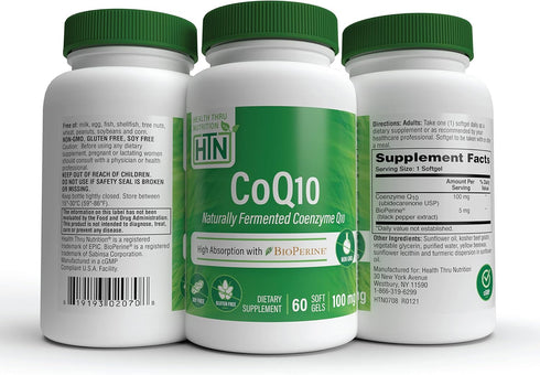 Health Thru Nutrition CoQ-10 100mg with BioPerine 60 Softgels | High Absorption Naturally Fermented USP Grade Coenzyme Q10 | 3rd Party Tested | He...