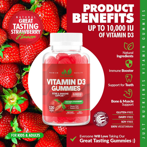 Vitamin D3 5000IU / 10,000IU Gummies for Adults & Kids (120 Count) - Immune System, Bone & Joint Support - Gluten-Free, Non-GMO, 100% Vegetarian, ...