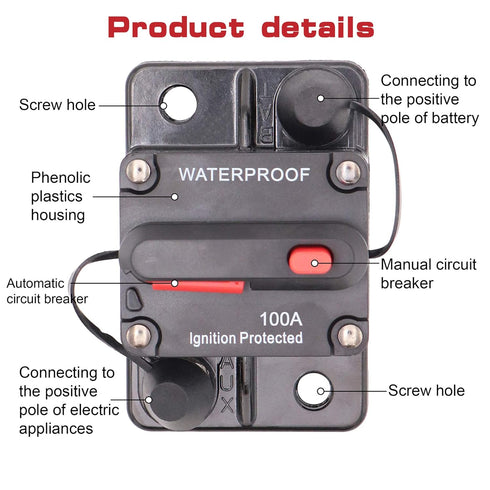 100 Amp Automotive Marine Circuit Breaker with Manual Reset Surface-Mount for Trolling Boat Motor Battery Thermal 12V-48V DC Waterproof...
