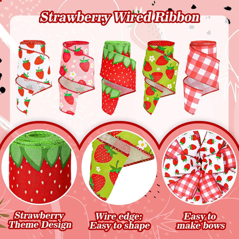 Whaline 5 Roll Strawberry Wired Ribbon 2.5 Inch Red Pink Green Strawberry Plaid Fabric Craft Ribbon Colorful Wired Edge Ribbon for Summer DIY Craf...
