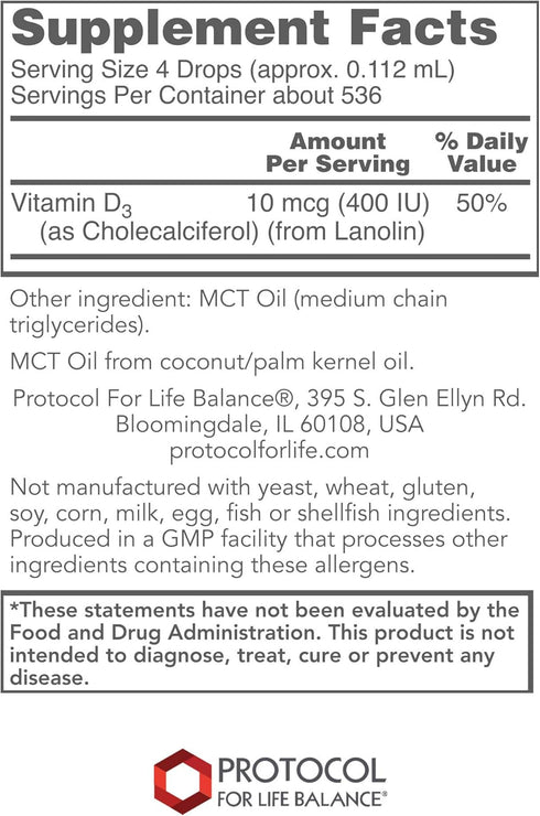 Protocol Liquid Vitamin D3 400 IU - Bone & Teeth Support* - Dietary Supplement for Immunity & Bone Mineralization* - Non-GMO, Halal, Kosher, Keto-...