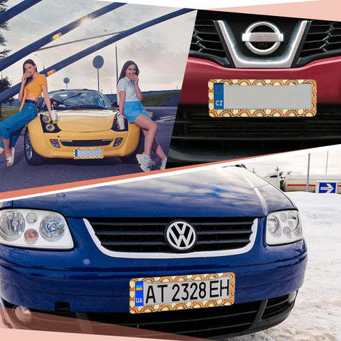 7 Pcs Boho Car Accessories Sets Include Boho Steering Wheel Cover 15" Absorbent Car Cup Holder Mat Rainbow Retro License Plate Frames Seat Belt Co...