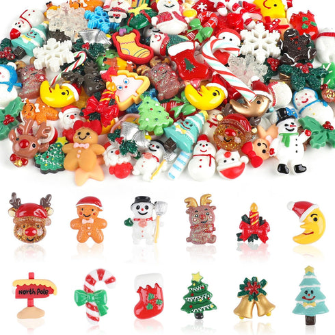 CCINEE 100pcs Christmas Resin Slime Charms for Craft, Santa Snowman Tree Bell Deer Slime Charm Miniature Ornaments for Scrapbooking DIY Craft Maki...