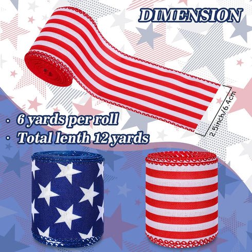 Whaline Patriotic Wired Edge Ribbon 2 Rolls Stars Stripes Craft Ribbon 4th of July USA Flag Fabric Ribbon for Independence Day Memorial Day Wreath...