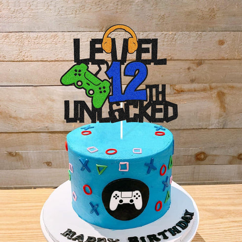 Level 12th Unlocked Cake Topper, Happy 12th Birthday Level Up Cake Decoration, Video Game Controller Play Game Theme, Boy’s Twelfth Birthday Party...