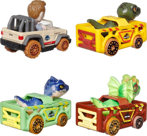 Hot Wheels Toy Cars, RacerVerse 4-Pack of Die-Cast Vehicles Featuring Jurassic World Characters Charlie, Owen, Dilophosaurus & Allosaurus as Drive...