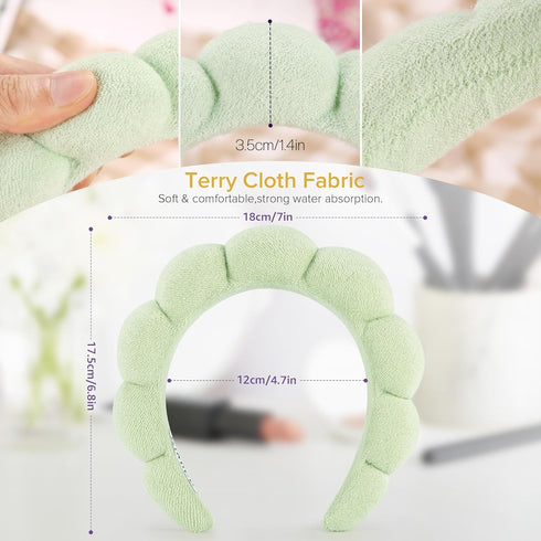 Spa Headbands for Women Ladies- Puffy Makeup Headband Combo Pack- Set of 2 Terry Towel Cloth Fabric Hair Bands for Washing Face(white+light green)...