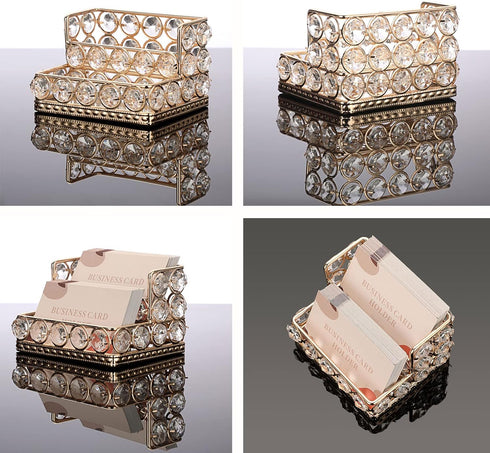 Hipiwe 2 Tiers Crystal Business Card Holder Stand Gold Mirrored Business Card Display Stand Organizer Desktop Business Card Storage Holder for Off...