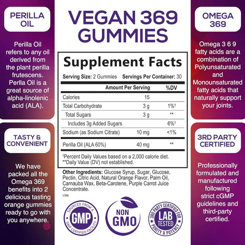 Omega 3 6 9 Vegan Gummies - Triple Strength Omega 3 Supplement Essential Oil Gummy - Omega 369 Heart Support and Brain Support for Women, Men & Pr...