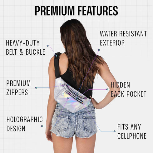 Holographic Fanny Pack Belt Bag | Waterproof Crossbody Bum Waist Pack - For Halloween, Rave, Hiking, Running, Travel (Silver)...