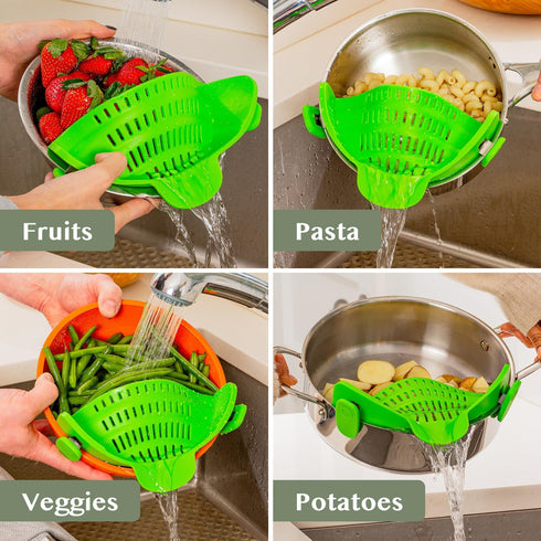 Kitchen Gizmo Snap N' Strain Clip On Strainer for Pots and Pans - Collapsible Silicone Pasta Strainer and Kitchen Gadget for Cooking - Easy to Use...