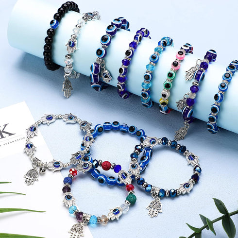 12 Pcs Evil Eye Beaded Charm Bracelets Blue Eye Bead Hamsa Stretch Bracelet Turkish Lucky Hand of Fatima Protection Bracelet for Women Men Blessin...