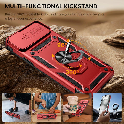 Goton for iPhone 15 Plus Case with Screen Protector - Slide Camera Cover Protective Phone Case with Ring Stand, Heavy Duty Shockproof Rugged Bumpe...