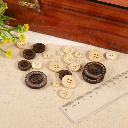 uxcell 100Pcs Wooden Buttons, 28mm 4 Hole Round Wood Button Wood Sewing Button Dotted Line Pattern for Sewing DIY Craft Clothing, Dark Brown...