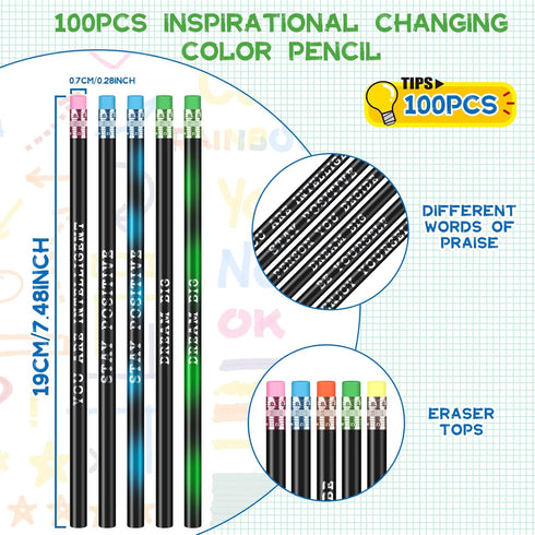 100 Pcs Inspirational Pencils Color Changing Pencils Bulk Motivational Pencils with Eraser HB Wooden Pencils for Kids Students Classroom Back to S...